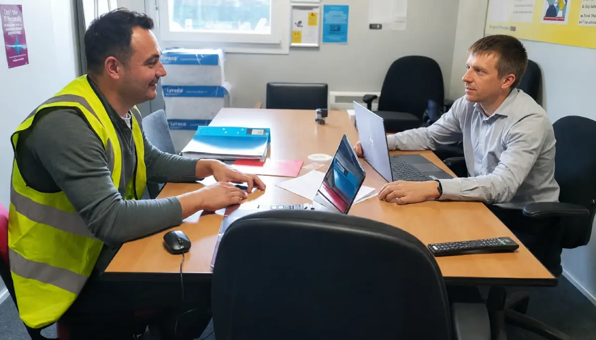Construction manager in a hi-vis vest discussing qualification options with an adviser in a site office
