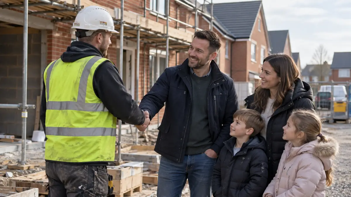 Construction worker in a hard hat and hi-vis vest shaking hands with a family outside a part-built house on a new housing development