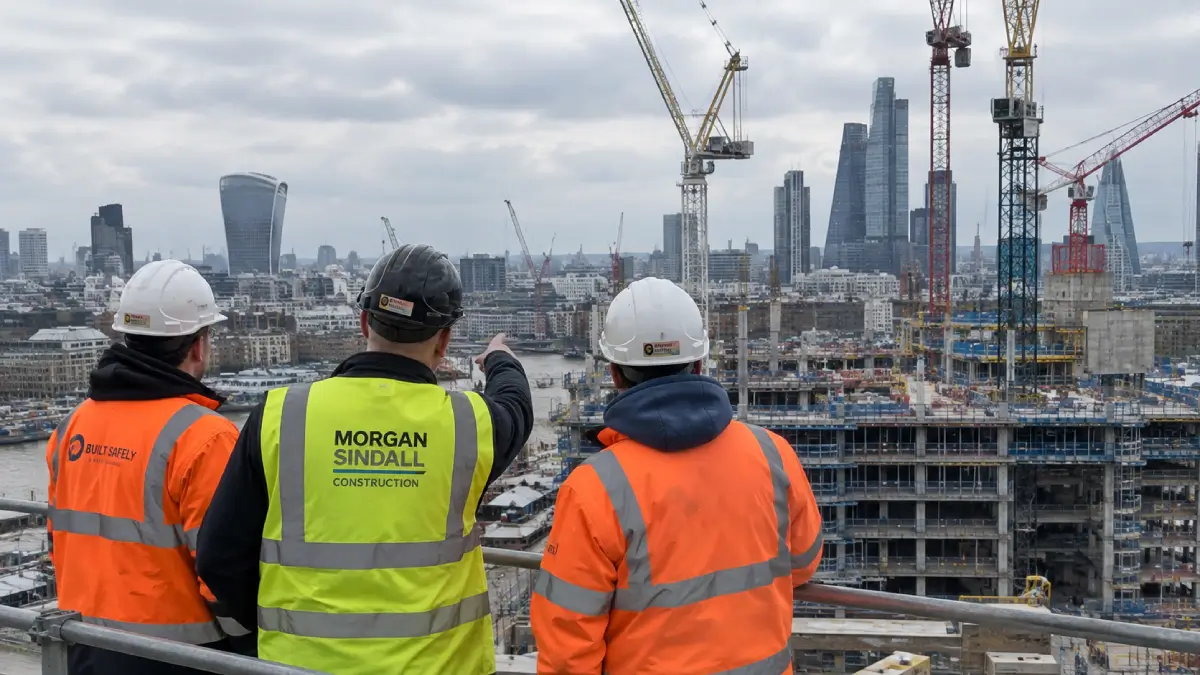 Three construction workers in hard hats and high-visibility clothing overlooking cranes and a building site on the London skyline