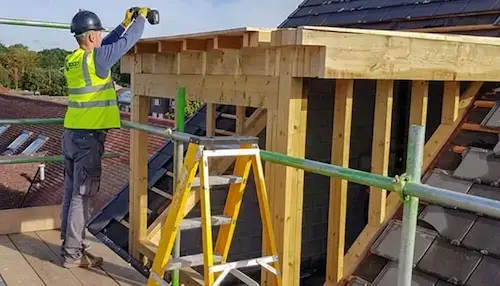 Carpentry NVQ Level 3 candidate demonstrating advanced site carpentry skills