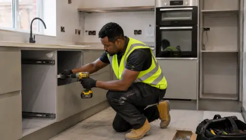 Kitchen fitter installing kitchen units for NVQ Level 2 Kitchen Fitting