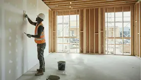 Taper and jointer taping and jointing (finishing) wall on construction site